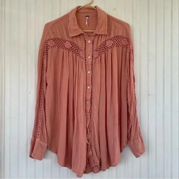 Free People Pink Orange Coral Katie Bird Long Sleeve Button Down Size Large - Picture 2 of 10